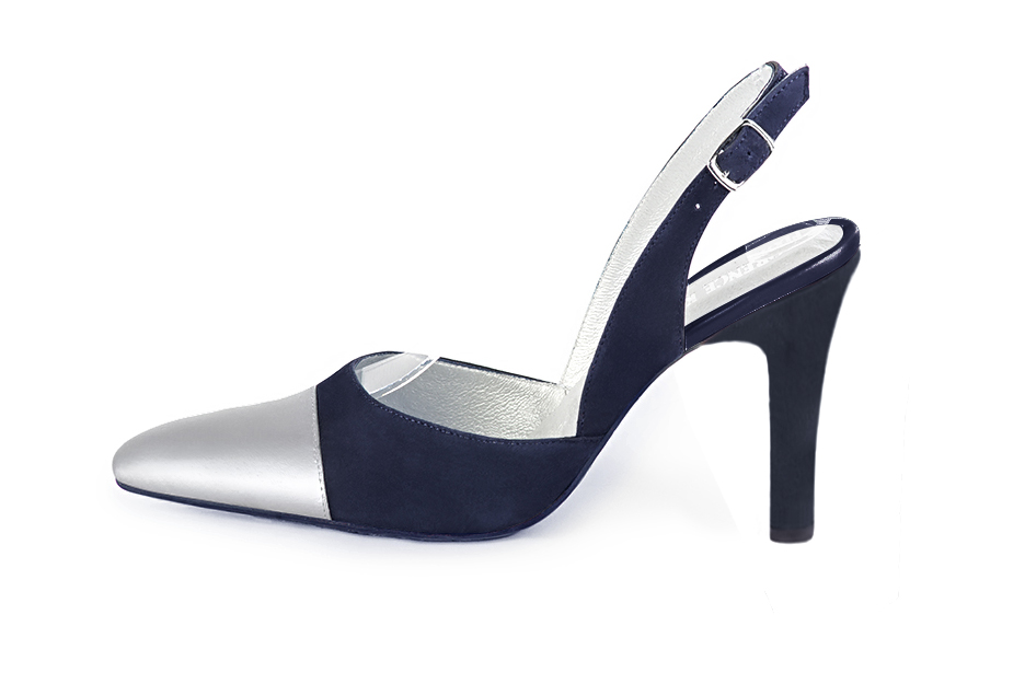 Silver and navy blue elegant slingback heels. Tapered toe. High kitten heels. - Florence KOOIJMAN